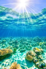 Fototapeta premium Sunlit ocean floor with vibrant coral reef and clear, shallow water