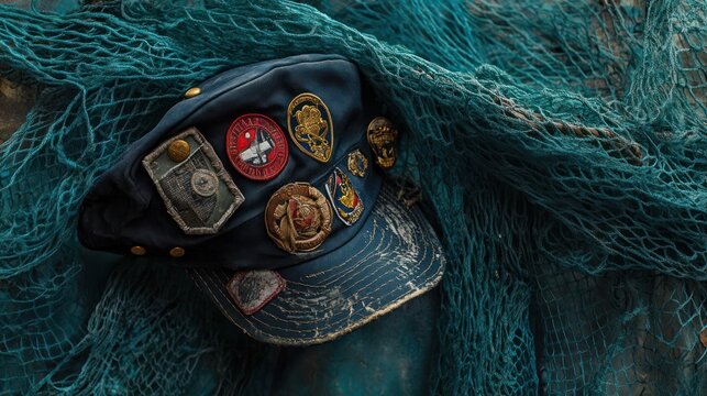 A worn cap adorned with various patches rests atop a textured fishing net.