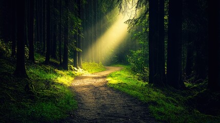 Obraz premium Mysterious forest path illuminated by a beam of light.