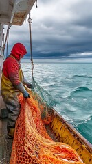 Fisherman hauling fishing net on a boat at sea, under a stormy sky