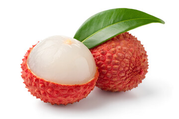 Fresh Lychees with One Peeled Showing White Flesh and Green Leaf