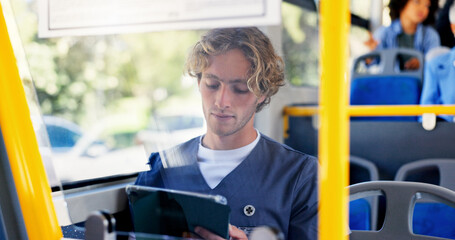 Commute, nurse and tablet with man on bus for schedule or travel to healthcare job. Agenda, public...