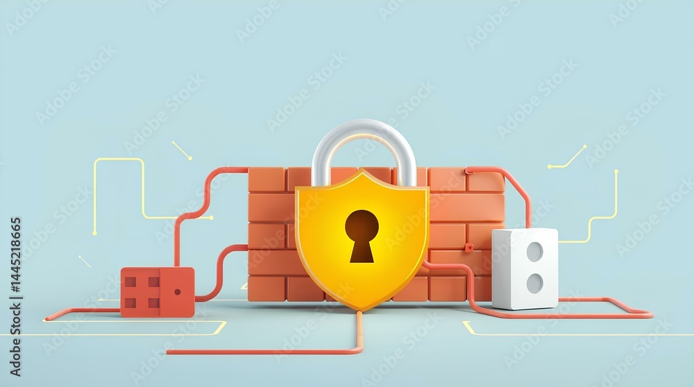 Aufkleber secure firewall and data protection concept with lock and digital connections, cybersecurity illustr
