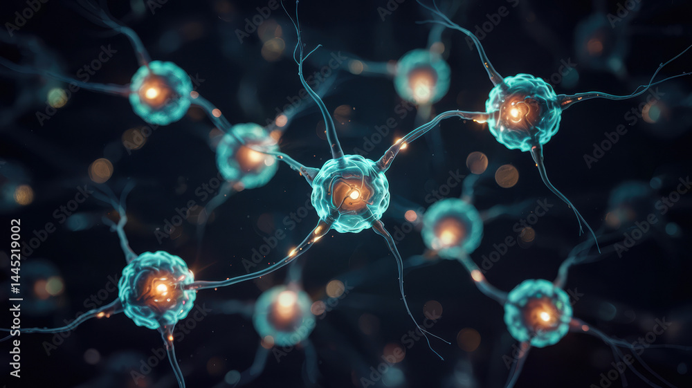 Poster agentic ai concept with glowing neuron cells connected by electric impulses in dark background creat
