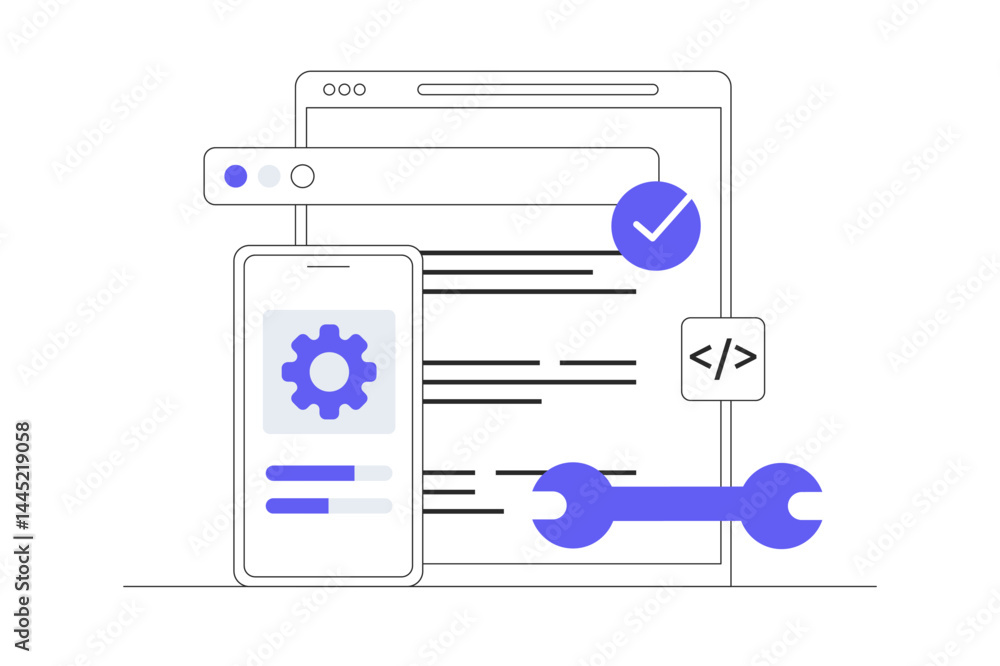 Wall mural app development. construction app development. mobile application. flat cartoon vector illustration,