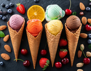 collection of delicious ice cream in waffle cone,