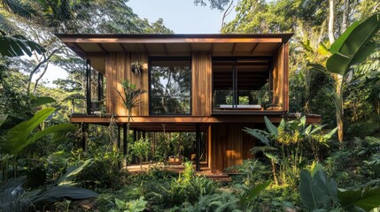A modern wooden house surrounded by lush greenery in a tropical forest.