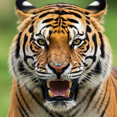 Naklejka premium Portrait of a fierce tiger baring its teeth with intense eye contact.