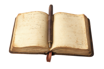 Antique journal open with aged pages a vintage pen rests invitingly ready for stories thoughts and