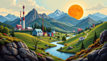 A scenic valley with houses, a river, factories, and mountains under a bright sun, blending nature and industry in a vibrant, colorful landscape.