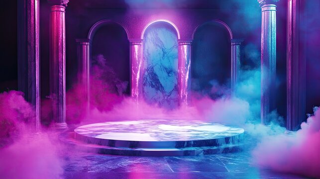 Neon Marble Temple Mystical Stage with Purple  Blue Haze.