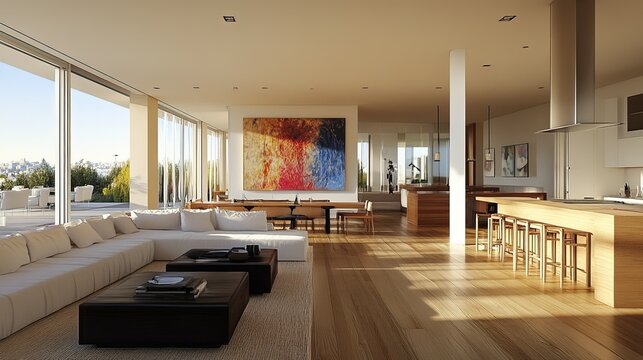 Open-concept living area, modern, chic, airy, spacious, functional, sleek, style of motif minimalism, architecture style contemporary, color scheme white and oak, large abstract painting.