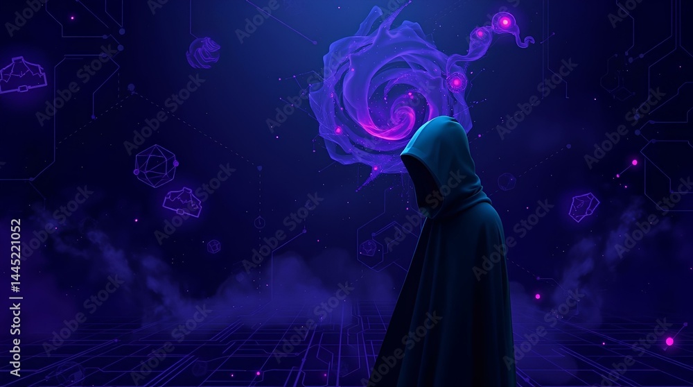 Poster hooded figure standing in front of swirling digital particles and glowing data cloud in a mysterious