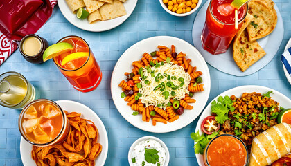 Various Mexican food and drinks on table. with white shades