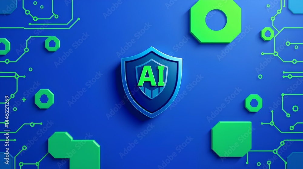 Poster 3d illustration of an ai badge-style shield glowing with bright tech elements on a futuristic digita