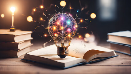 Creative concept of human brain in light bulb on an open book. AI generated image. Creative brain Idea and light bulb concept ,Business and education concept. AI generated image, ai .