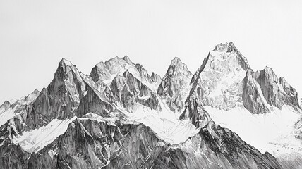 detailed ink drawing of alpine mountains using fine liner on plain white surface, showing texture and shading