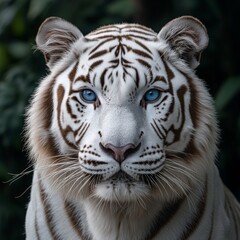 Fototapeta premium A majestic closeup of a White Bengal Tiger its rare white fur and piercing blue eyes creating a mesmerizing contrast 