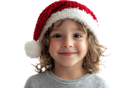 Happy Child Wearing Red Knit Santa Hat Winter Holiday Cheerful Smiling Kid Portrait boy girl cute on transparent background