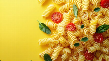 Colorful spiral pasta with cherry tomatoes and fresh basil leaves on bright yellow background, close-up view of delicious cooked Italian style meal