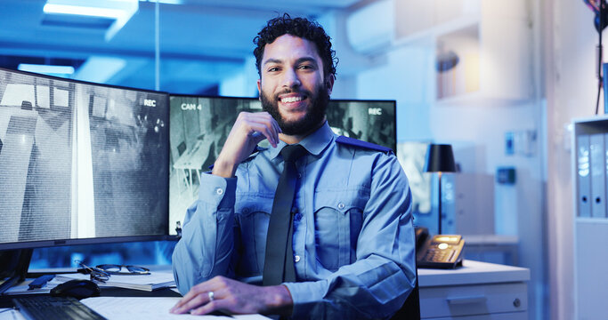 CCTV, portrait and tablet with man in office at night for monitoring, protection or safety. Dispatch, law enforcement and surveillance with happy officer in workplace for agency or government career