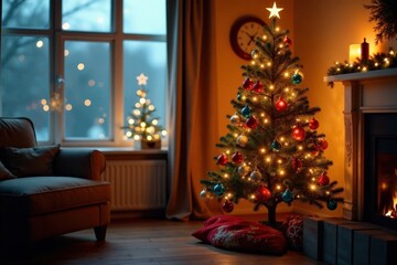 Glittering Christmas tree with shining lights and colorful baubles in a cozy living room, home decor, decorations, living room