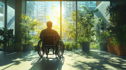 Man in wheelchair looks out window at city greenery. For healthcare, accessibility, hope, and resilience visuals.