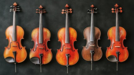 Fototapeta premium Five violins of varying shades of orange and brown on a dark background