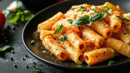 Delicious Cooked Rigatoni Pasta with Tomato Sauce Fresh Basil and Parmesan Cheese in a Black Pan on a Dark Surface
