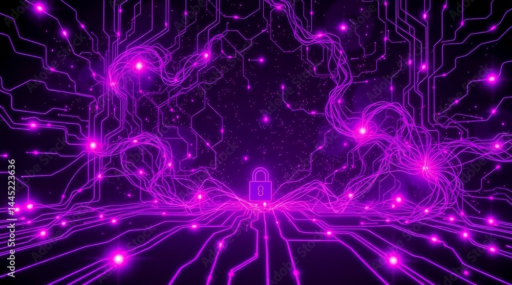 Poster digital security interface with central purple lock icon and abstract circuit connections