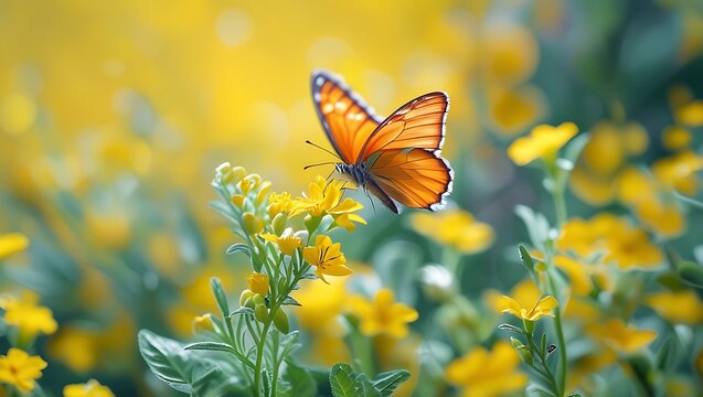 Orange butterfly on yellow flower field