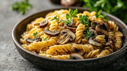 Delicious spiral pasta with saut?ed mushrooms fresh parsley in a rustic black bowl on a textured gray surface for a hearty home-cooked Italian meal