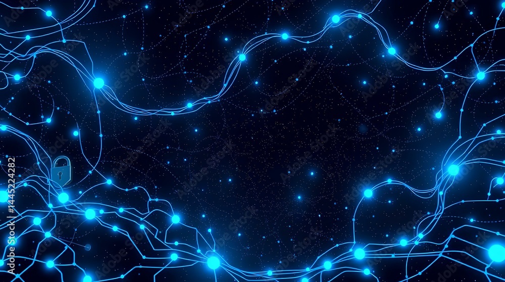Poster digital background with glowing blue and purple neural-like lines and abstract data particles