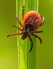 Close-up of tick on green grass blade in natural habitat