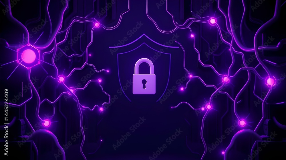 Poster vibrant lock icon glowing in the middle of a high-tech digital interface with connected neon nodes