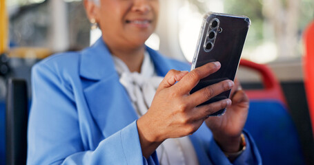Phone, hands and businesswoman on bus for travel checking email, communication or contact. Cellphone, closeup and female manager with networking online for commute on public transport in city.