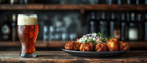 Crispy fried chicken and coleslaw served with a glass of beer. Perfect pub meal