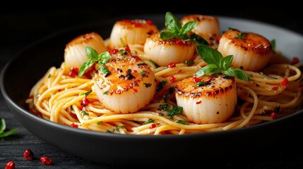 Delicious gourmet scallops served on a bed of spaghetti pasta garnished with fresh basil and spices in a black dish for fine dining restaurant presentation