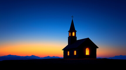 Fototapeta premium Mountain Church at Dusk – Glowing Windows and Peaceful Ascension Day Twilight