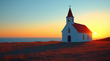 Naklejka premium Sunset Church on Hill – Peaceful Ascension Day Landscape with Golden Light