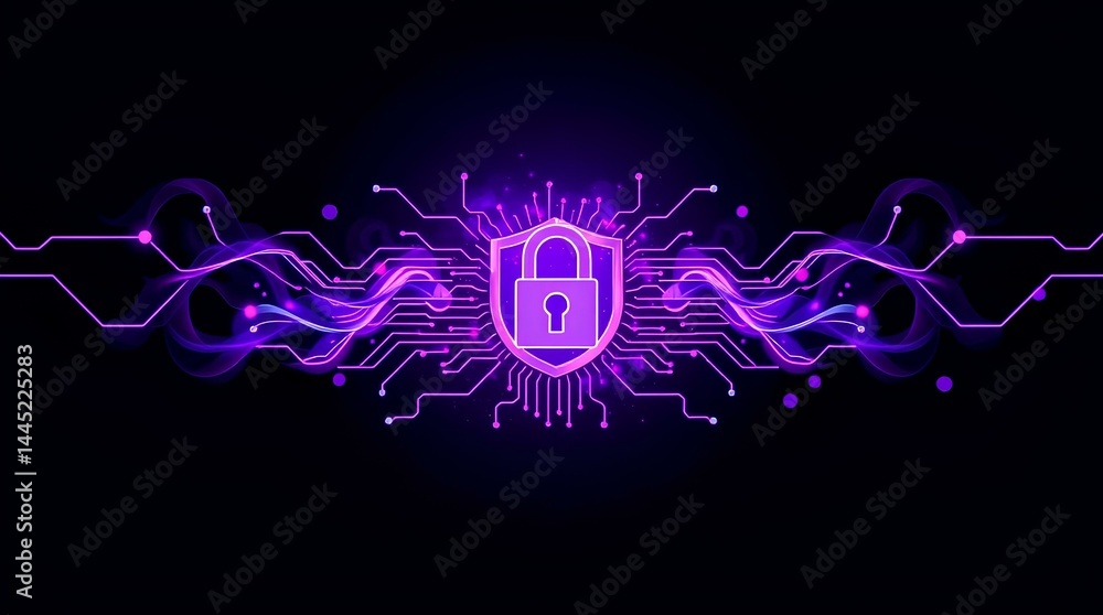 Poster purple shield with glowing padlock icon surrounded by electric circuit lines representing data prote