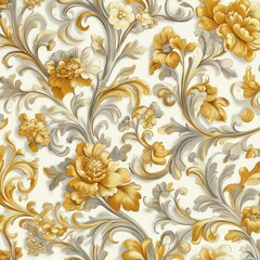 Elegant Floral Pattern with Yellow and Gray Accents on Cream Background