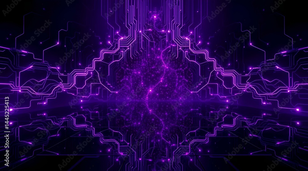 Poster futuristic glowing laptop in front of swirling purple digital cloud with padlock symbol representing