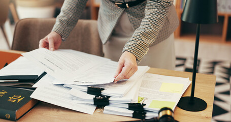 Hands, admin and stack with legal documents at office for review, inspection or investigation....