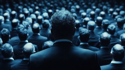 Dark crowd of business people wearing black suits, seen from behind. Perfect for concepts like conformity, leadership, and corporate culture.