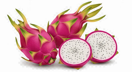 Realistic photo under warm golden sunlight, high resolution, showing three dragon fruits on a transparent background. Vector illustration