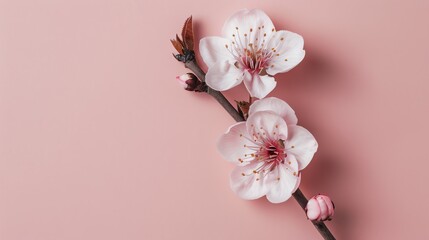 A beautiful branch of delicate pink cherry blossoms against a soft pink background.