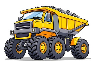 Colorful cartoon dump truck illustration loaded with large rocks, perfect for construction, kids' books, transport themes, or educational and commercial design use.