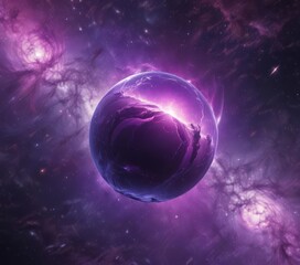 Fototapeta premium Glowing orb floats in swirling purple nebula, cosmic backdrop , vastness, celestial, light