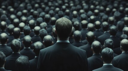 Obraz premium Rear view of a man leading a crowd of similar suited figures. It represents leadership, conformity, or business team dynamics.
